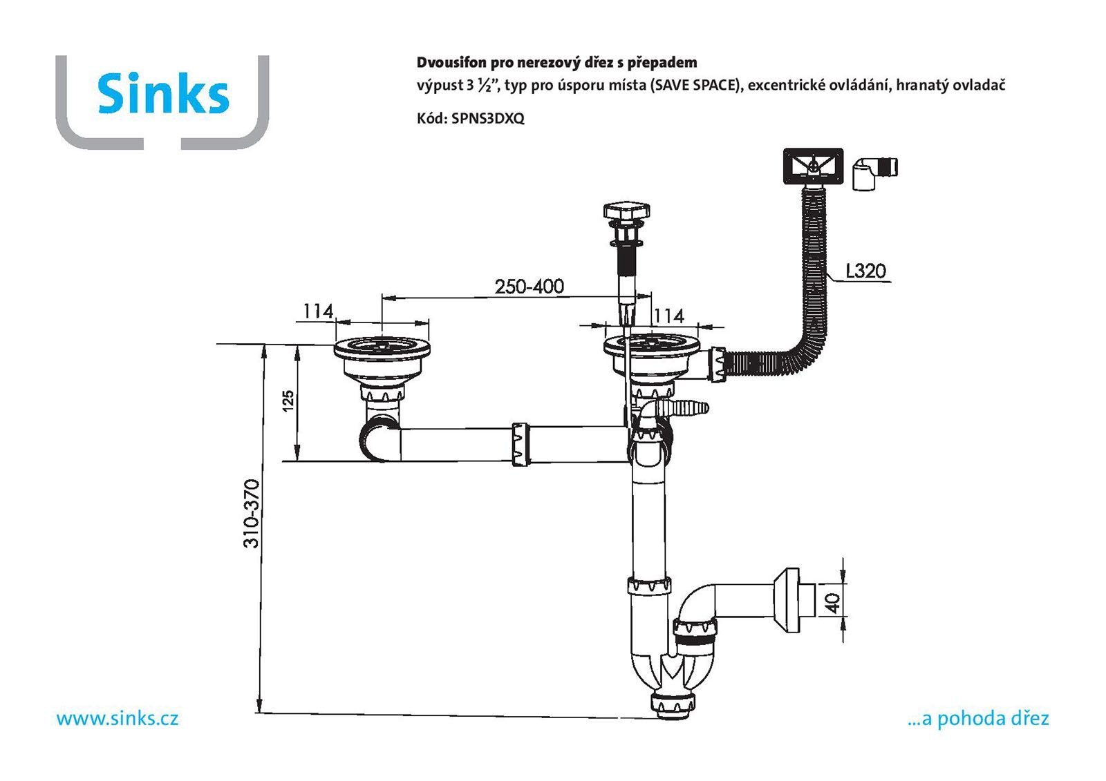 Sinks dvousifon 3 1/2" pro nerez. dřezy s úsporou místa a s exc. ovladačem (hranatý)