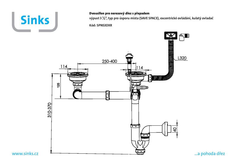 Sinks dvousifon 3 1/2" pro nerez. dřezy s úsporou místa a s exc. ovladačem (kulatý)